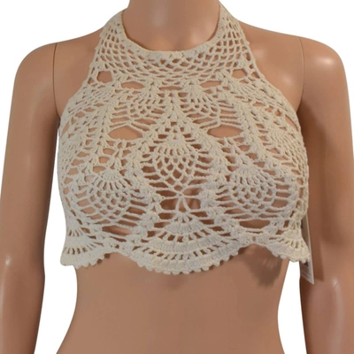 Minkpink Dreamweaver Halter Tie Strap Crochet Bikini Top In Ivory In White