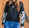 SOUTHERN GRACE MIDNIGHT RODEO LONG SLEEVE FRINGE TOP IN BLACK COW