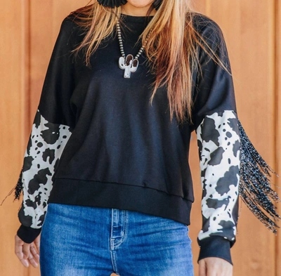 Southern Grace Midnight Rodeo Long Sleeve Fringe Top In Black Cow In Blue
