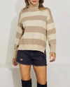 J.NNA COTTON-BLEND MULTI-STRIPE TURTLENECK SWEATER IN TAUPE