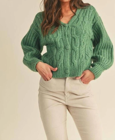 Merci Cable Knit Puff Sleeve Sweater Cardigan In Rosemary Green