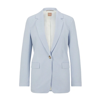 Hugo Boss Women's Regular-fit Jacket In Striped Cotton-blend Seersucker In Sky Blue