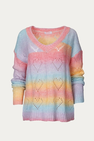 Esley Collection Heart V-neck Knit Sweater In Rainbow In Multi