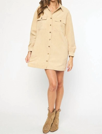 ENTRO CORDUROY LONG SLEEVE BUTTON UP DRESS IN TAN