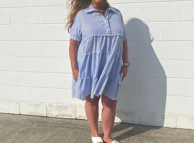 Umgee Half Button Up Tiered Striped Collared Dress In Blue And White