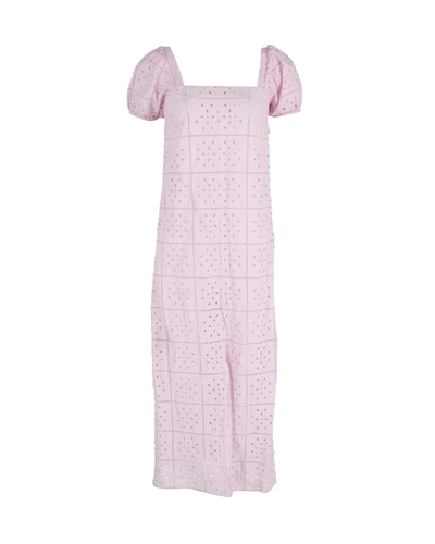 Ganni Puffed Sleeve Midi Dress In Pink Cotton