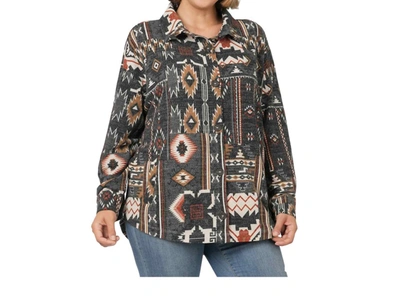 Zenana Jacquard Aztec Oversized Shacket With Pockets In Black In Brown
