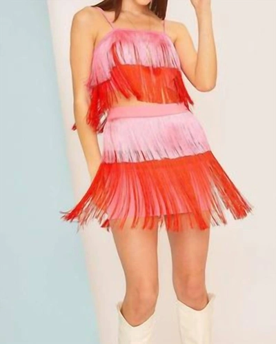 Main Strip Georgia Color Block Fringe Skirt In Peach Pink/red