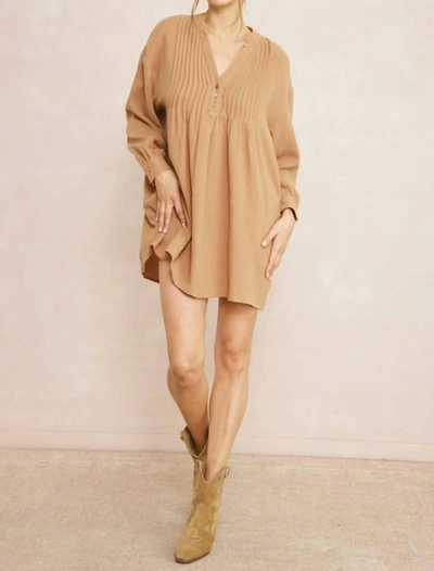 Entro Solid Textured Long Sleeve Dress In Camel In Beige