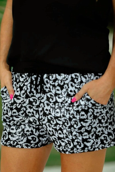 Jess Lea Vip Sequin Drawstring Shorts In Black/white Leopard