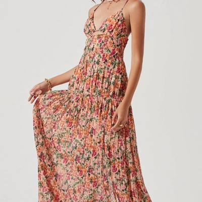 Astr Tropics Plunge Neck Open Back Maxi Dress In Peach Fuchsia Floral In Pink