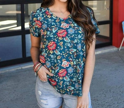 Grace & Lace Perfect V-neck Tee In Teal Floral Heavy Gauge In Blue