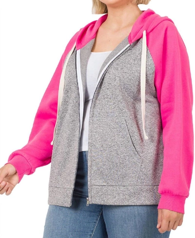 Zenana Raglan Sleeved Hoodie In Fuchsia In Grey