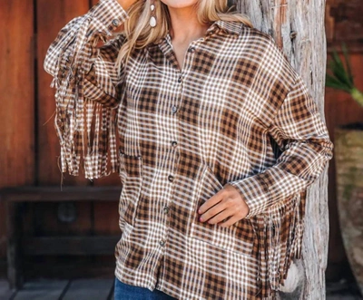 Southern Grace Woodland Escape Long Sleeve Flannel Top In Brown Plaid & Fringe