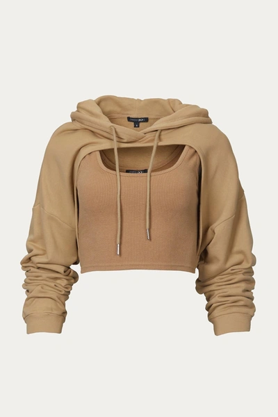 Papermoon Fiona Opened-front Cropped Hoodie Set In Taupe In Beige