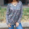 SOUTHERN GRACE LET'S TAKE A ROAD TRIP CAGED LONG SLEEVE WITH V NECK TOP IN CAMOUFLAGE