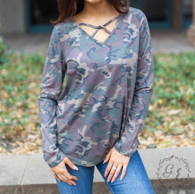 Southern Grace Let's Take A Road Trip Caged Long Sleeve With V Neck Top In Camouflage In Purple