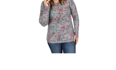 Michelle Mae Spring Long Sleeve Henley Top In Grey Pink/teal Floral
