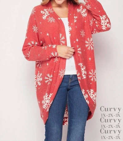 Honeyme Snowflake Plus Cardigan In Red In Pink