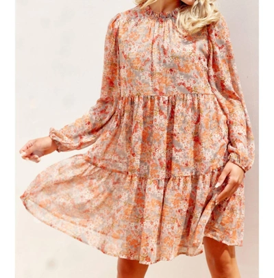 JODIFL FLORAL TIERED LONG SLEEVE DRESS IN GREY/RUST MIX