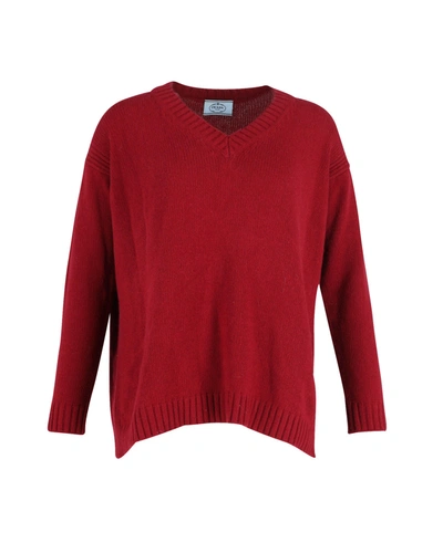 Prada Elbow Patch V-neck Sweater In Burgundy Wool In Red