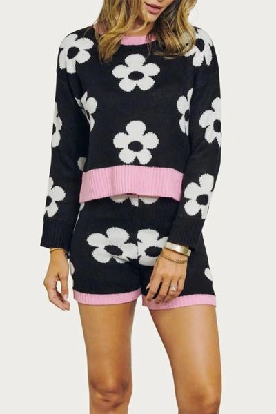 J.nna Retro Floral Knit Crewneck Cropped Sweater In Black/white/pink In Blue