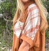 Umgee Camel Linen Plaid Button Down Shirt With Unfinished Frayed Hem In Brown In White