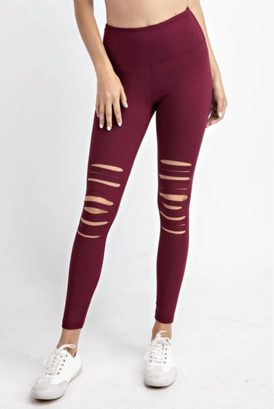 Sun Light Clothing Laser Cut Wide Waist Band Leggings In Burgundy In Red