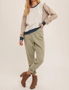 HEM & THREAD BLANKET STITCHED COLOR BLOCK PULLOVER IN TAUPE