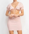 HAUTE MONDE FRONT TIE V-NECK CROP TOP AND SMOCKED SKIRTS SET IN BLUSH