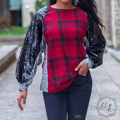 Southern Grace I'm A Diva Raglan Balloon Long Sleeve With Sequins Top In Plaid In Red