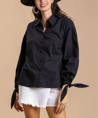 Umgee Button Top With Tie Sleeves In Black In Blue