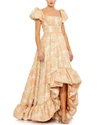 Mac Duggal Floral Print Puff Sleeve High Low Brocade Gown In Beige