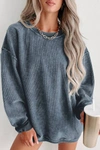 PRETTY BASH WASHED RIBBED PULLOVER SWEATSHIRT IN BLUE