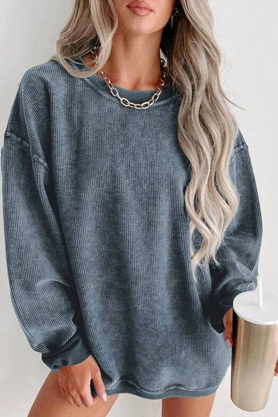 Pretty Bash Washed Ribbed Pullover Sweatshirt In Blue In Grey