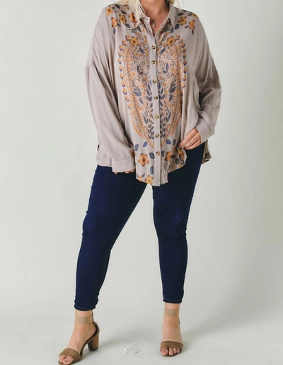 Davi & Dani Floral Printed Button Down Long Sleeve Tunic Plus In Taupe In Beige