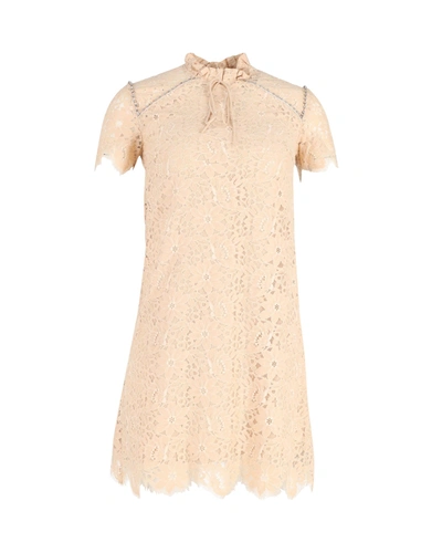 Sandro Embellished Lace Mini Dress In Beige Cotton