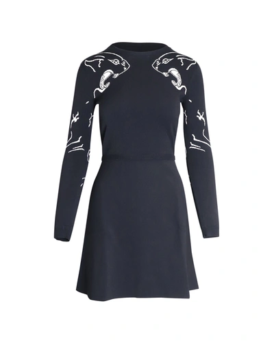 Valentino Panther Intarsia Knit Mini Dress In Black Viscose