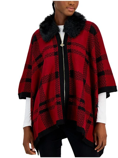 Anne Klein Petites Womens Knit Plaid Poncho Sweater In Red