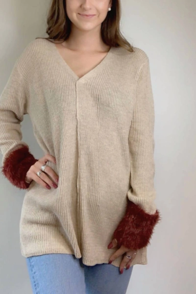 Loveriche V Neck Sweater With Fur Accent Cuffs In Camel And Rust In Beige