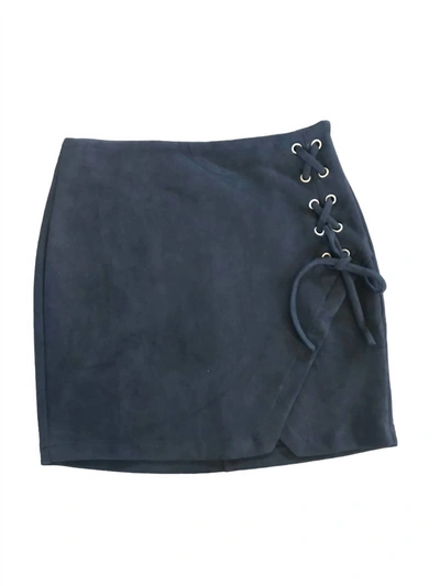 Hem & Thread Lace Up Ultra Suede Mini Skirt In Black In Blue