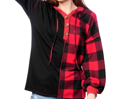 Celeste Color Block Plaid Hoodie In Red And White Buffalo Plaid In Black
