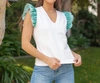 Strut & Bolt Double Ruffle V-neck Tank In White/green In White