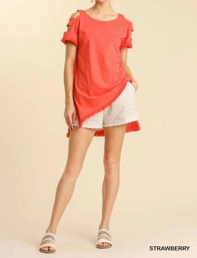 Umgee Short Sleeve High Low Tunic Top With Fringed Hems In Orange