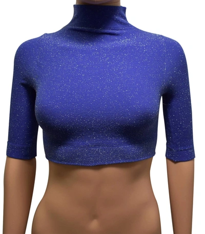 Phat Buddha Women Mock Neck Metallic Stretch Crop Top In Blue