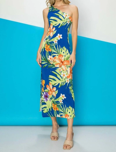 Fsl Apparel Tropical Printed One Shoulder Maxi Dress In Blue