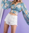 Eesome Cropped Long Sleeve Blouse With Adjustable Back Tie In Green