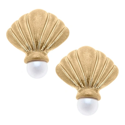 Canvas Style Women's Georgette Coquille Stud Earrings In Worn Gold In Silver