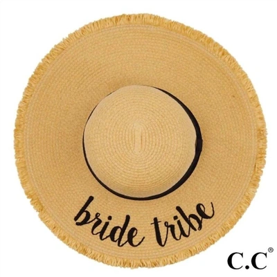 C.c Bride Tribe Paper Straw Fringe Trim Wide Brim Sun Hat With Ribbon In Natural In Beige