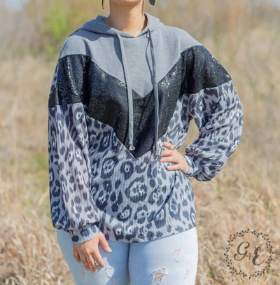 Southern Grace Smokey Leopard Pullover Hoodie With Balloon Sleeve In Grey In Blue